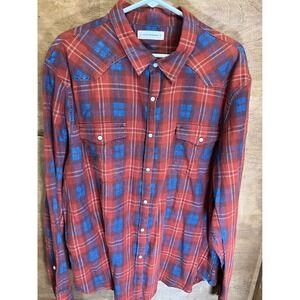 Lucky Brand Mens XXL Western Snap Front Plaid Flannel Shirt Red Blue Long Sleeve